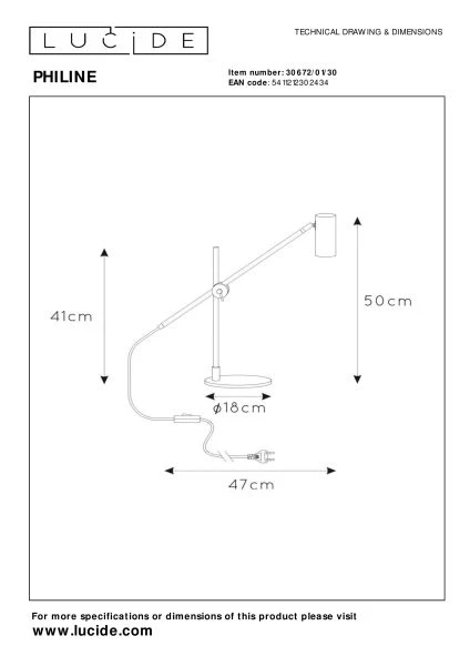 Lucide PHILINE - Bureaulamp - 1xGU10 - Zwart - technisch